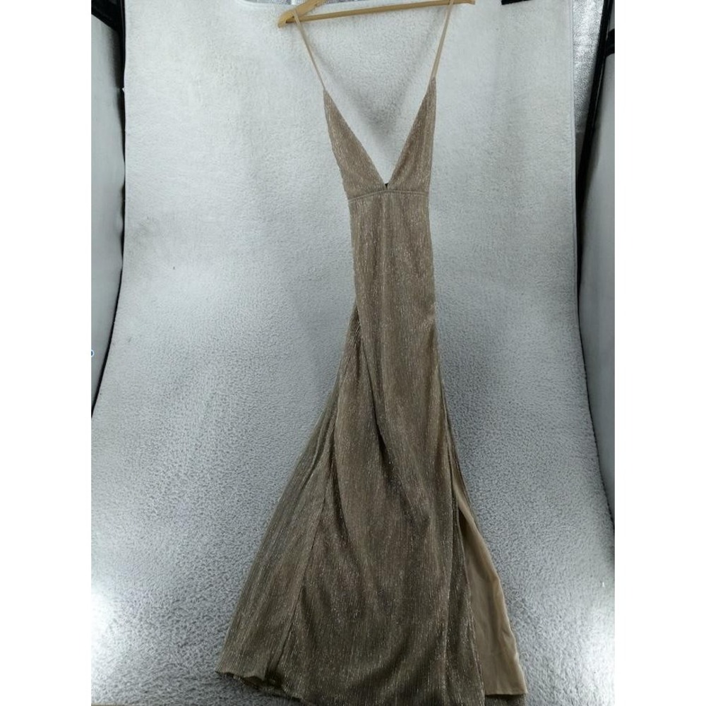 Superdown Dress Womens Small Gold Metallic Pleated Maxi Evening Gown Deep V